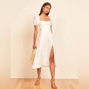Reformation Denver White Linen Puff Sleeve Midi Dress in Size 0